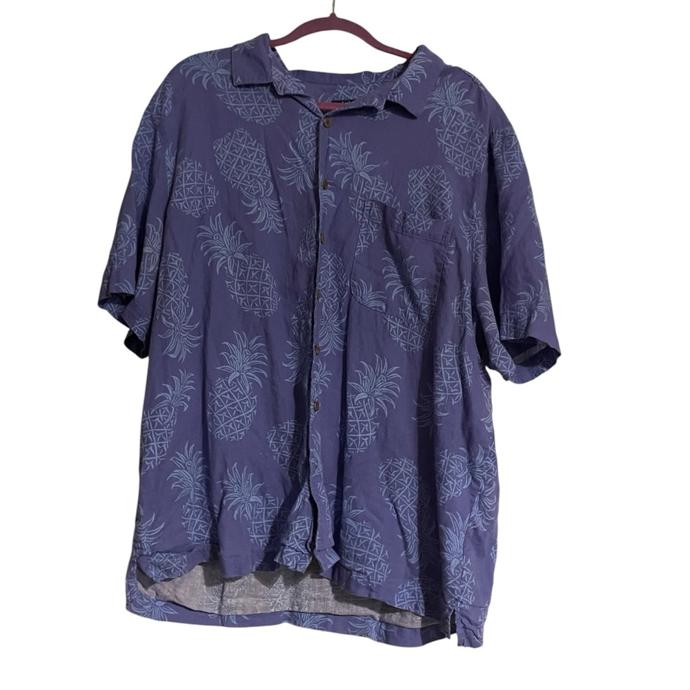 George Linen Blend Hawaiian Shirt 2XL Blue Tropical Button‎ Up Camp Shirt